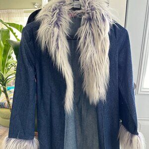 Dolls Kill Denim Faux Trim Sparkly Festival Coat XS